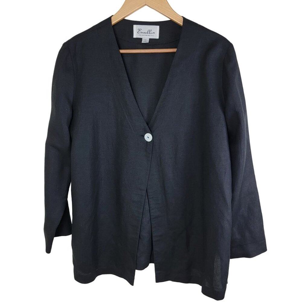 Emmelle 100% Linen Cardigan Womens size M Black One Button V-Neck Lagenlook